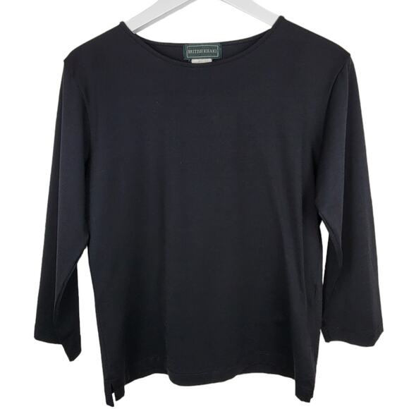 4/$25 -VTG British Khaki Black Basic Capsule Crew Neck Pullover 3/4 Sleeve Top S - Picture 1 of 4